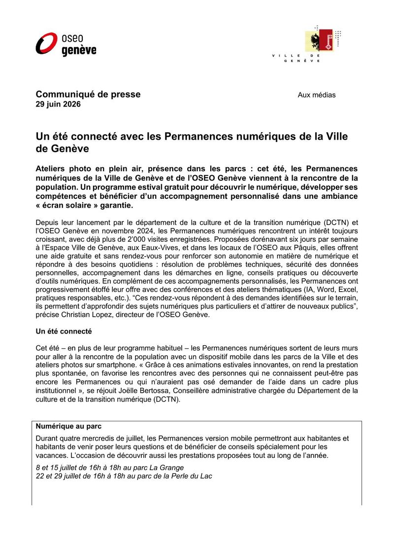 Un été connecté avec les Permanences numériques de la Ville de Genève