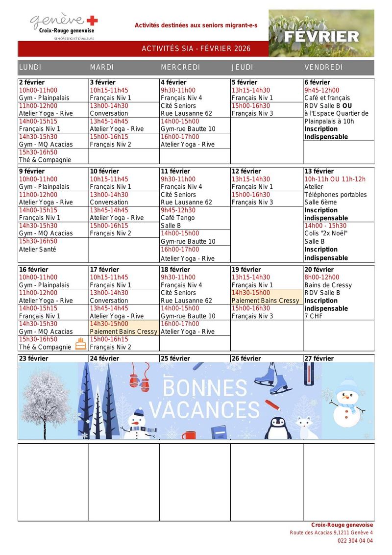 Calendrier des activités SIA - Février 2026