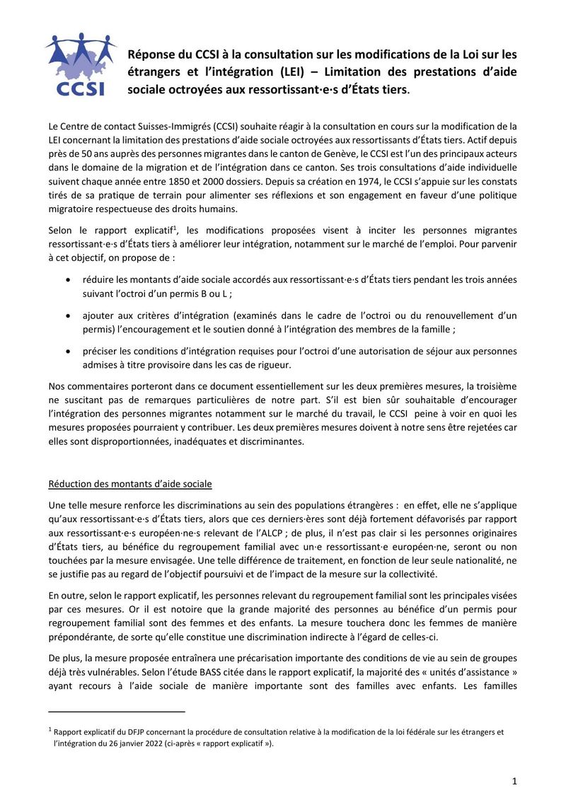 Modification de la Loi sur les étrangers: des propositions discriminantes, disproportionnées et inadéquates
