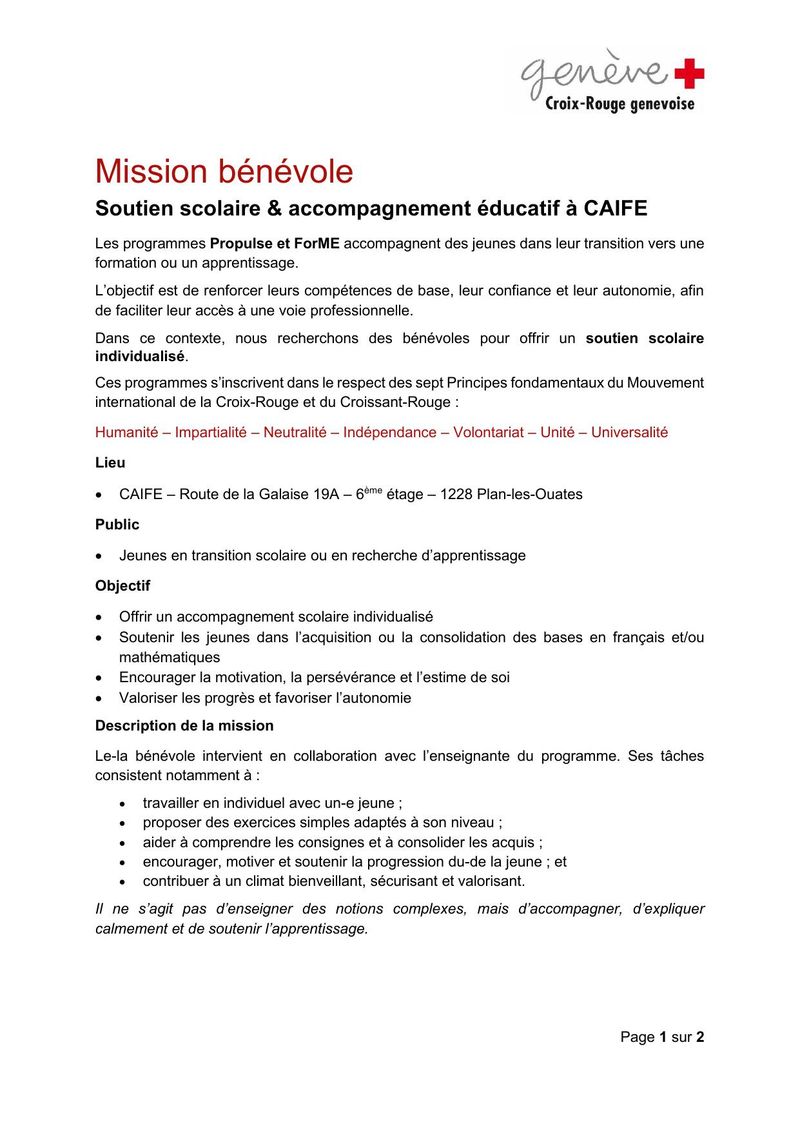 Mission bénévole — Soutien scolaire & accompagnement éducatif à CAIFE