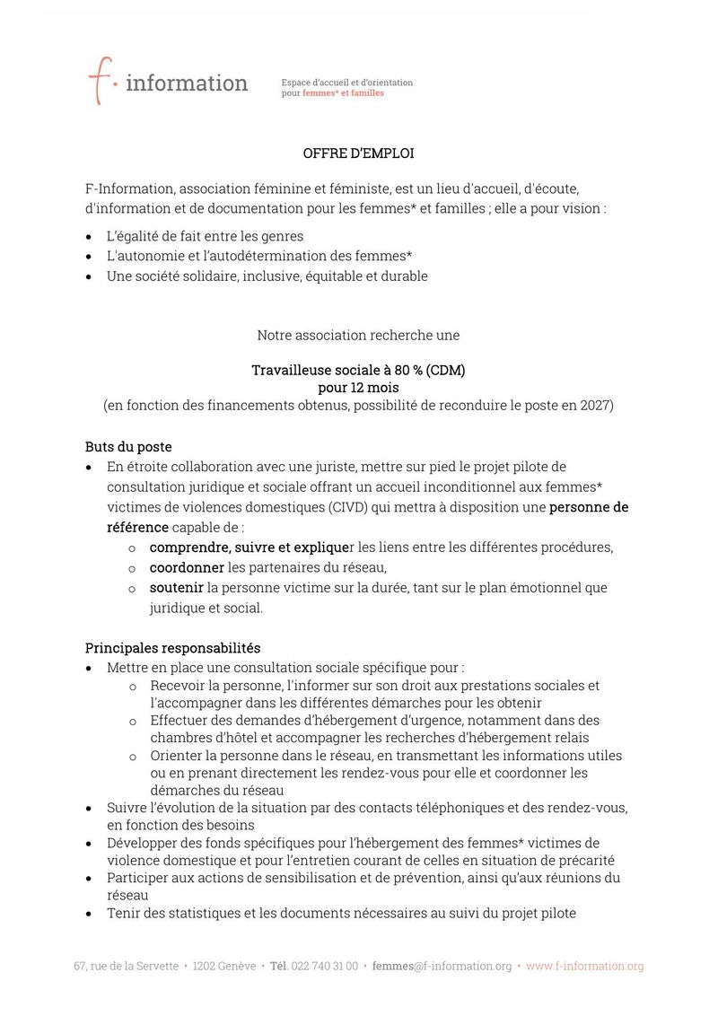 Offre d'emploi : travailleuse sociale à F-information à 80 % en CDM