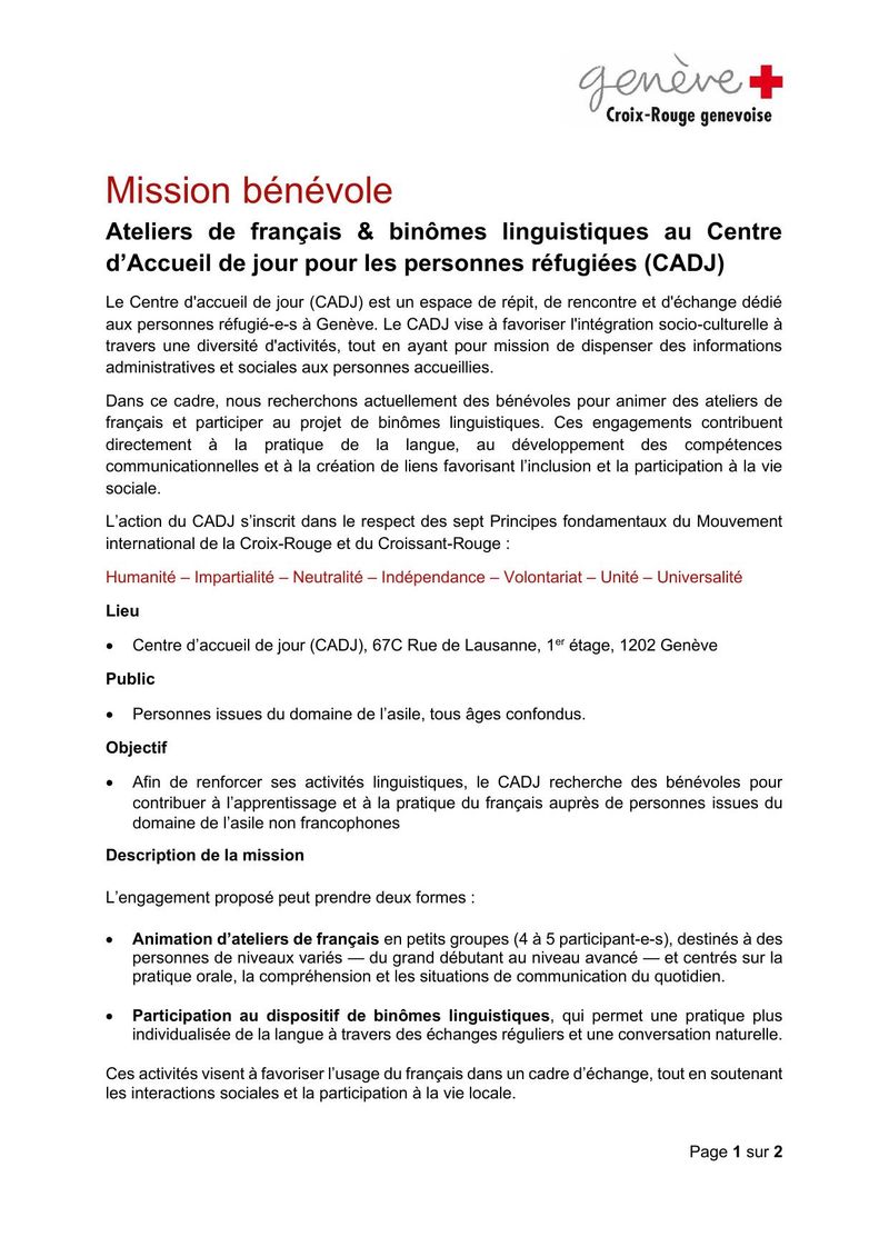 Mission bénévole — Ateliers de français et binômes linguistiques au CADJ