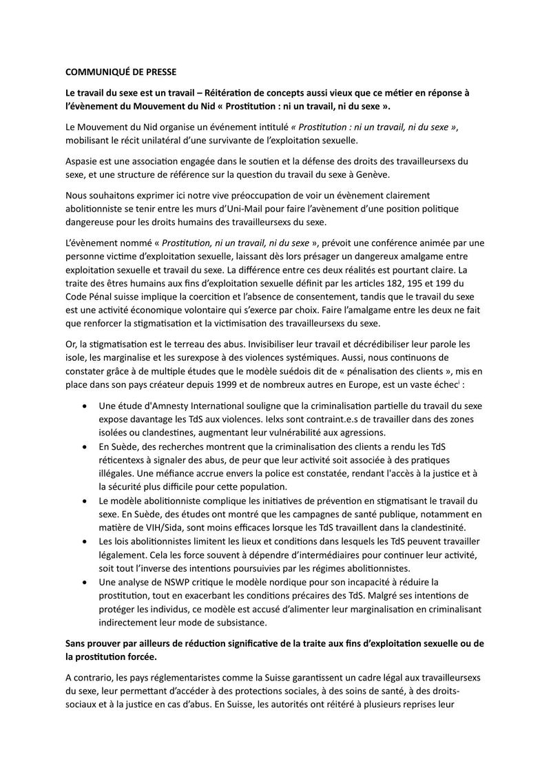 Communiqué de presse — Le travail du sexe est un travail : réponse d'Aspasie à l'événement abolitionniste du Mouvement du Nid