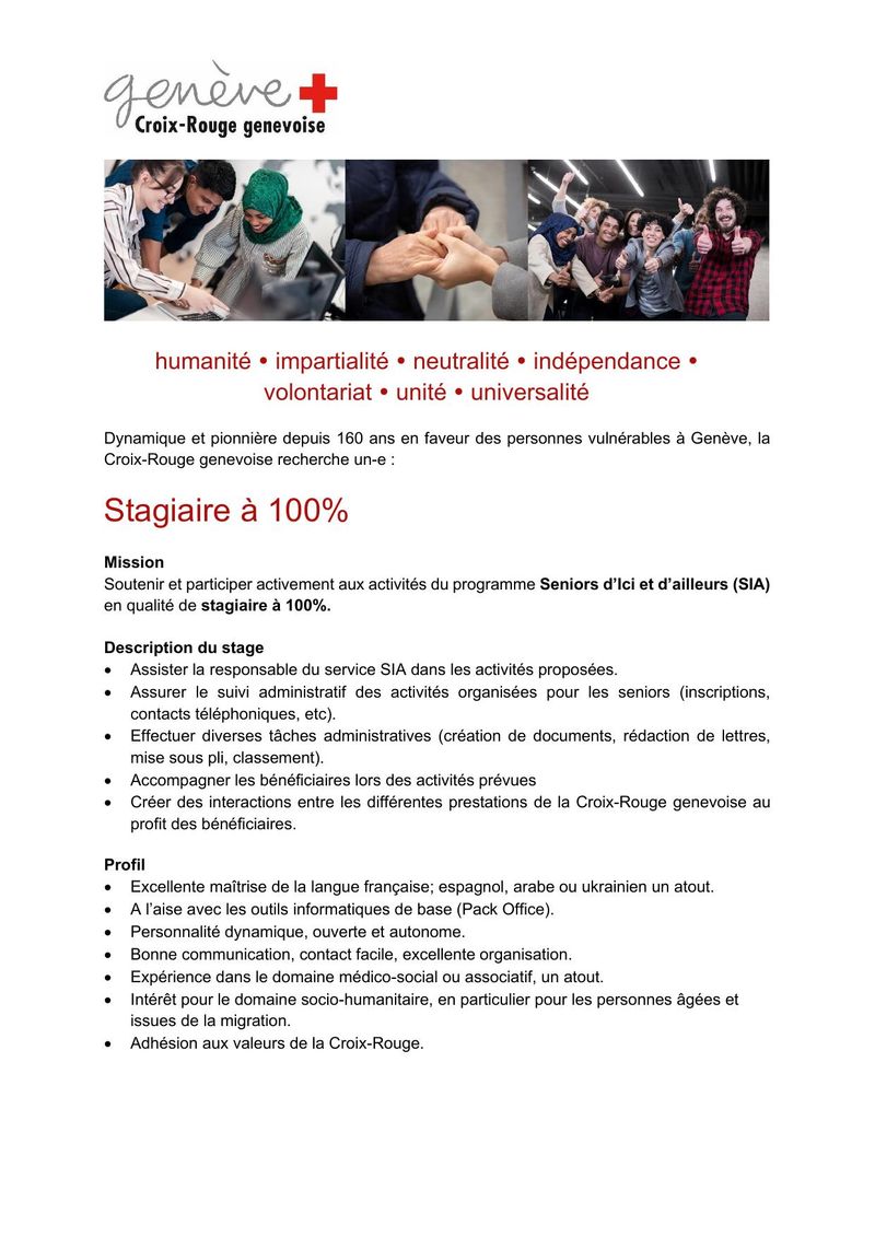 Stagiaire à 100% - Programme Seniors d'Ici et d'ailleurs (SIA)