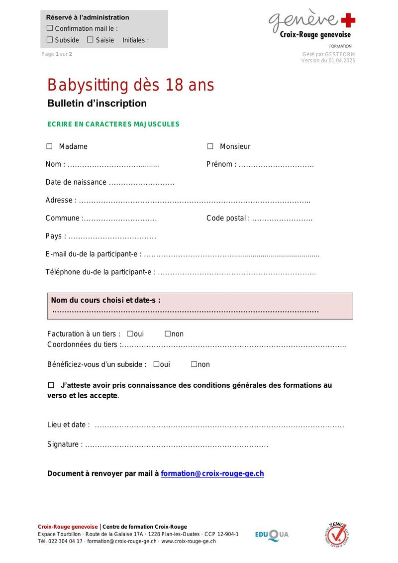 Formation Babysitting dès 18 ans — Bulletin d'inscription