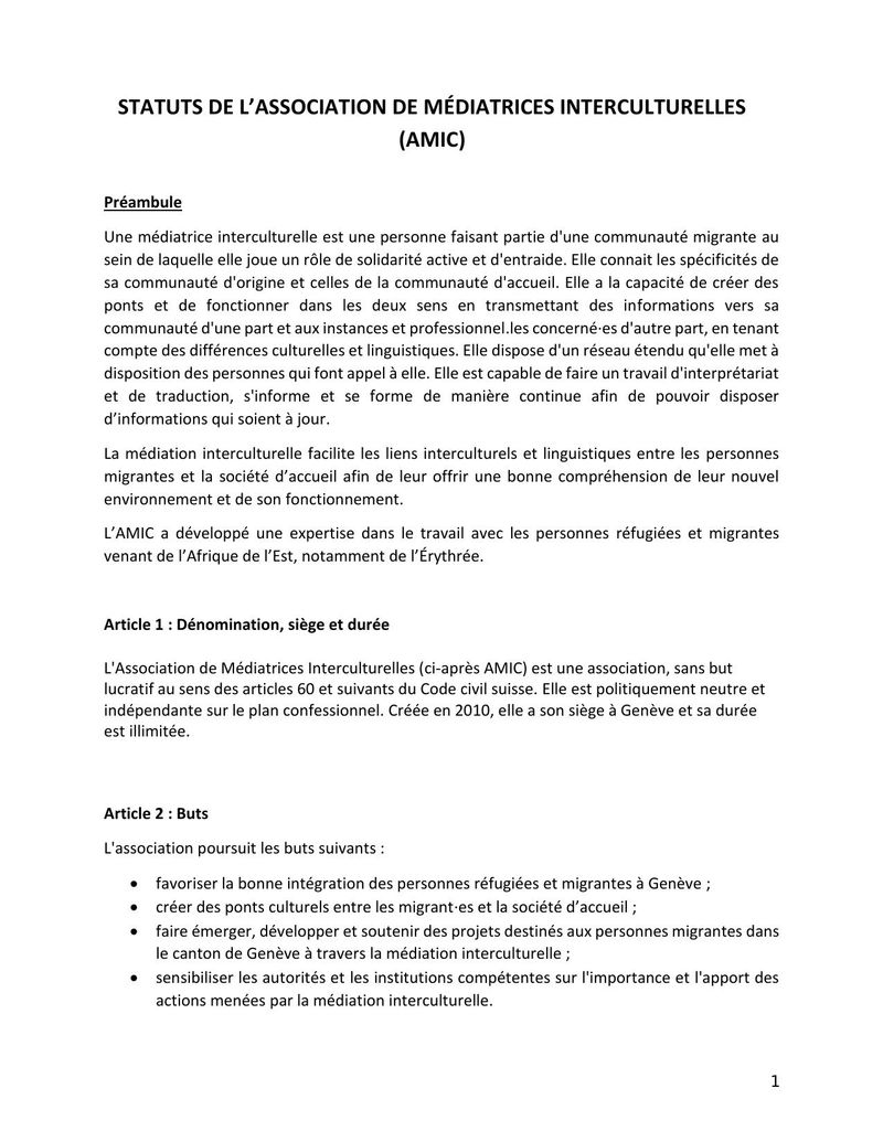 Les statuts de l’association – AMIC