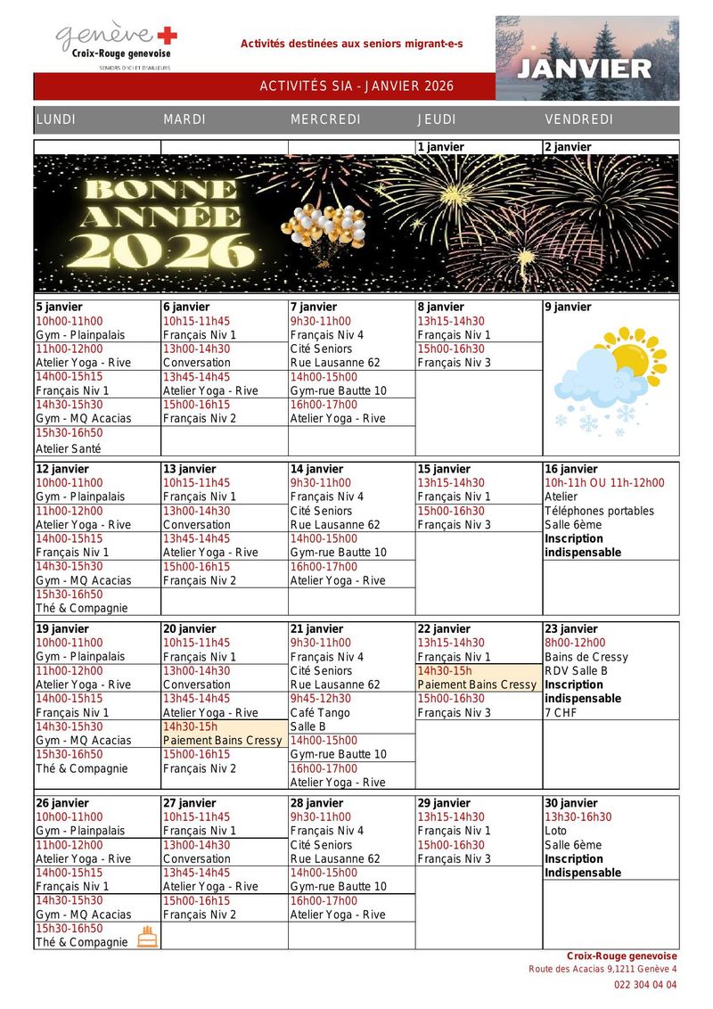 Calendrier des activités d'intégration pour seniors migrants — Janvier-Février 2026