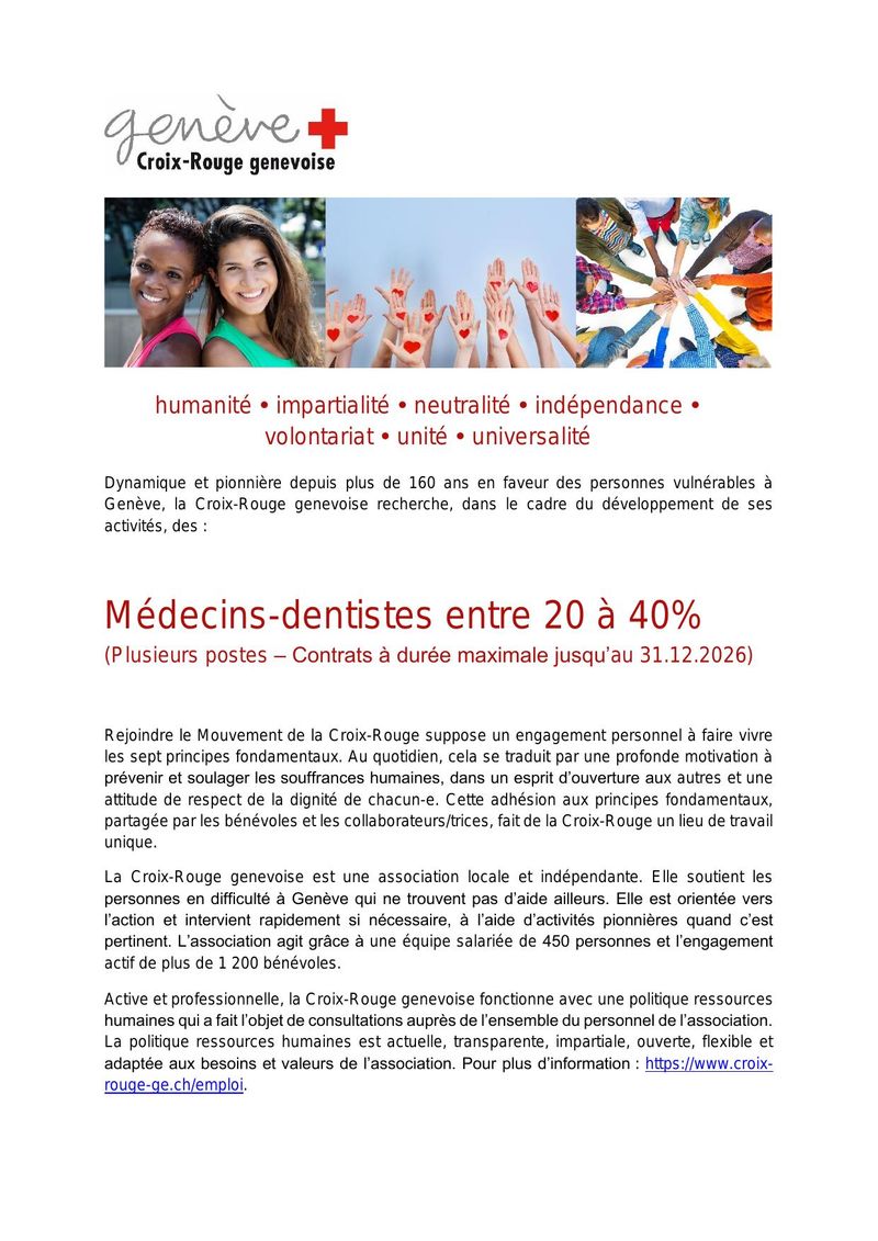 Offre d'emploi - Médecins-dentistes (20-40%) - Croix-Rouge Genevoise