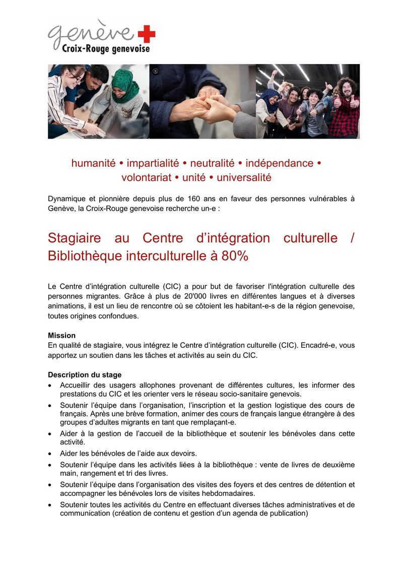 Stagiaire au Centre d'intégration culturelle – Bibliothèque interculturelle (80%)