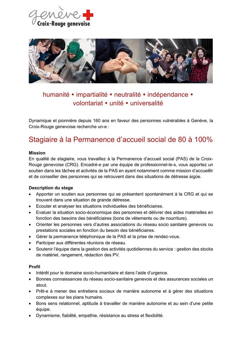 Stagiaire à la Permanence d'accueil social (80-100%) — Croix-Rouge Genevoise