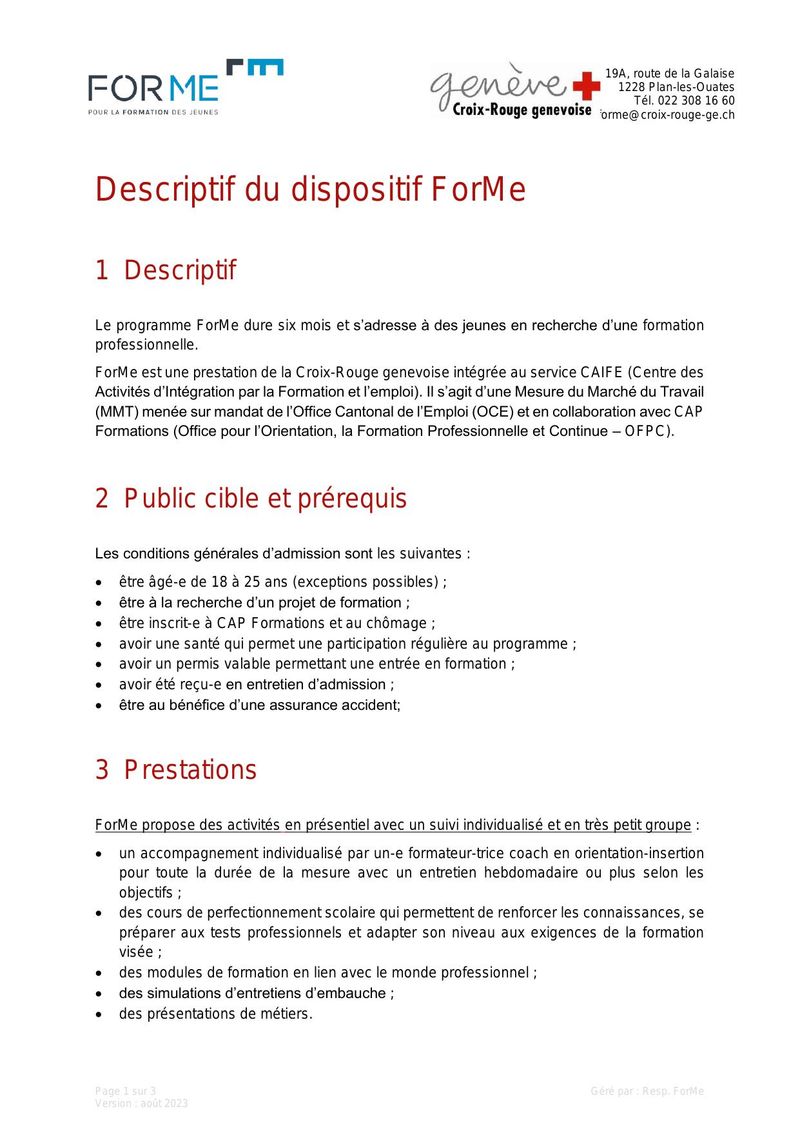 ForMe — Programme de formation professionnelle de la Croix-Rouge Genevoise