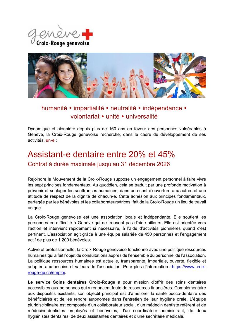 Assistant-e dentaire (20-45%) — Croix-Rouge Genevoise
