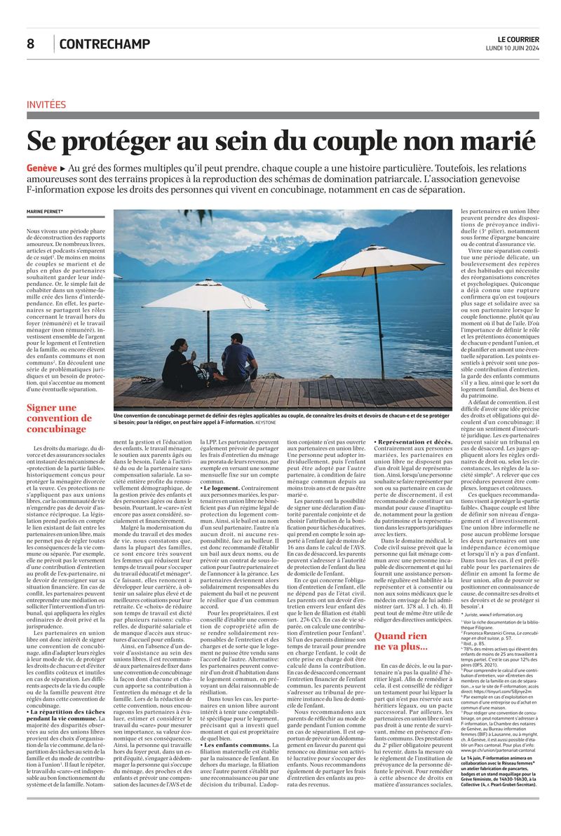 « Se protéger au sein du couple marié », Le Courrier, juin 2024