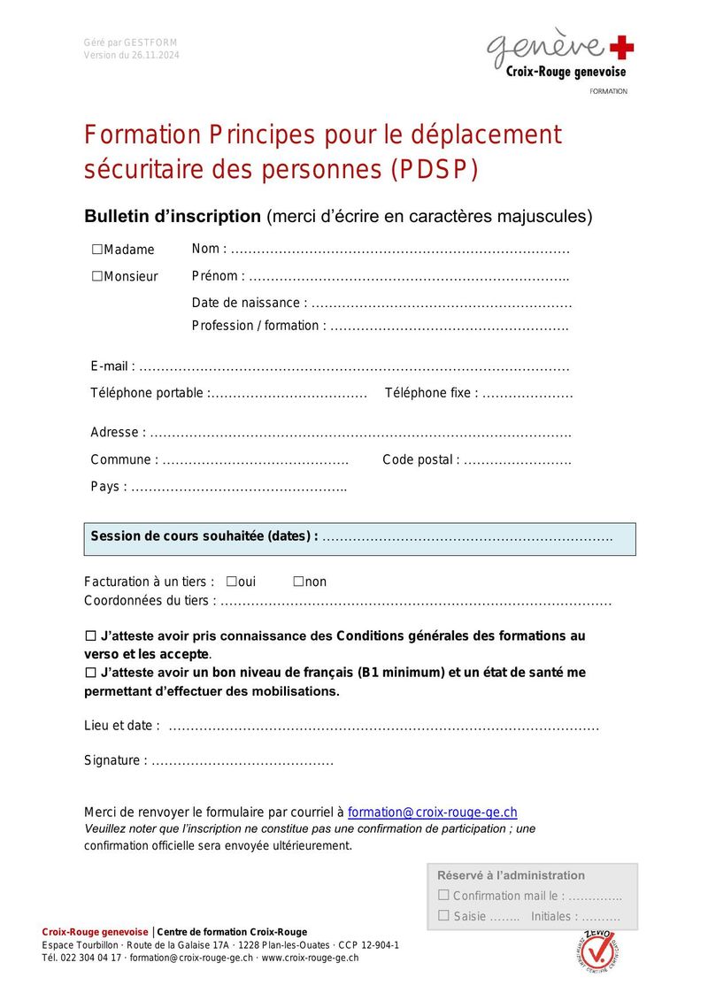 Formation Principes pour le Déplacement Sécuritaire des Personnes (PDSP) — Bulletin d'inscription