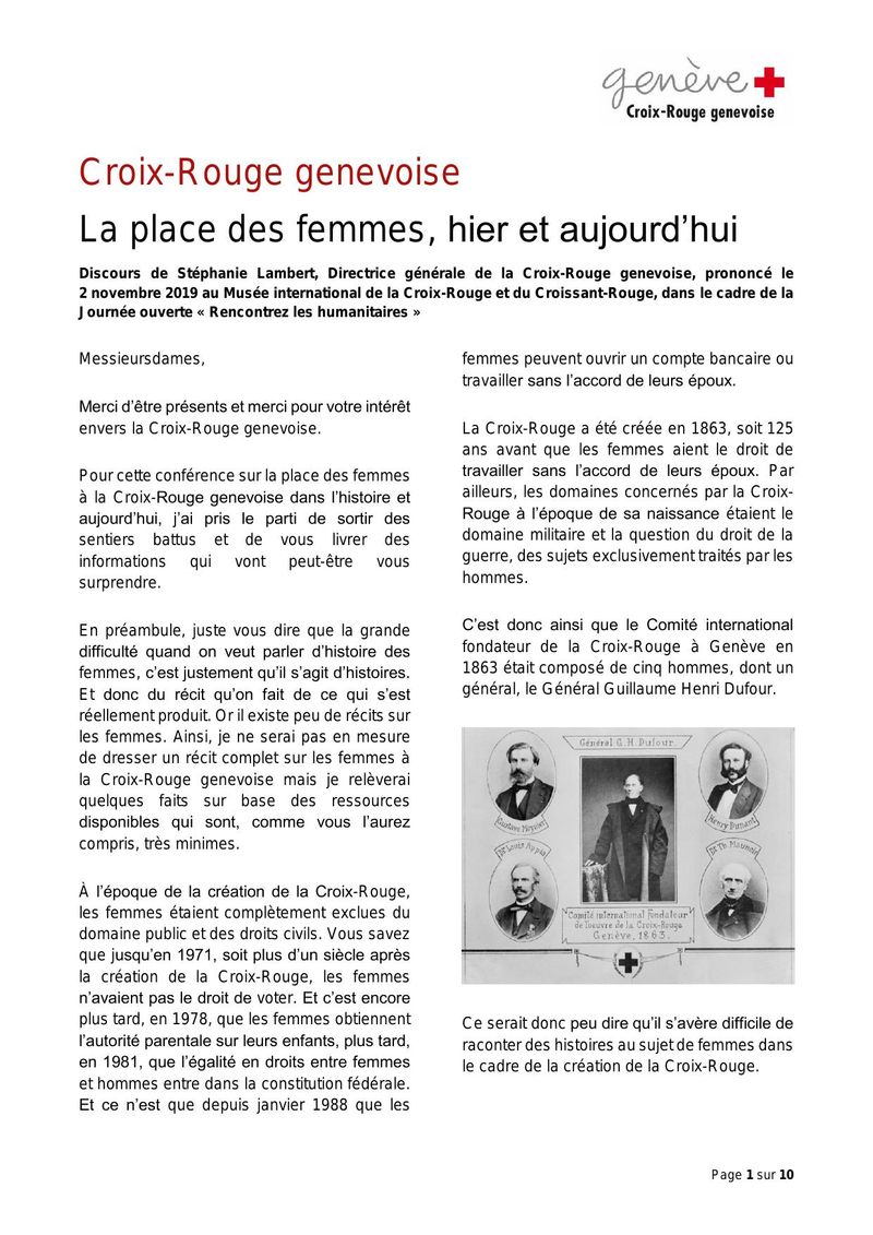 La place des femmes à la Croix-Rouge genevoise, hier et aujourd'hui