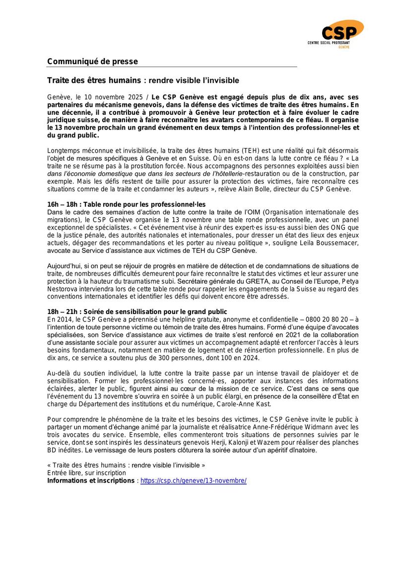 Communiqué de presse – Traite des êtres humains : rendre visible l’invisible