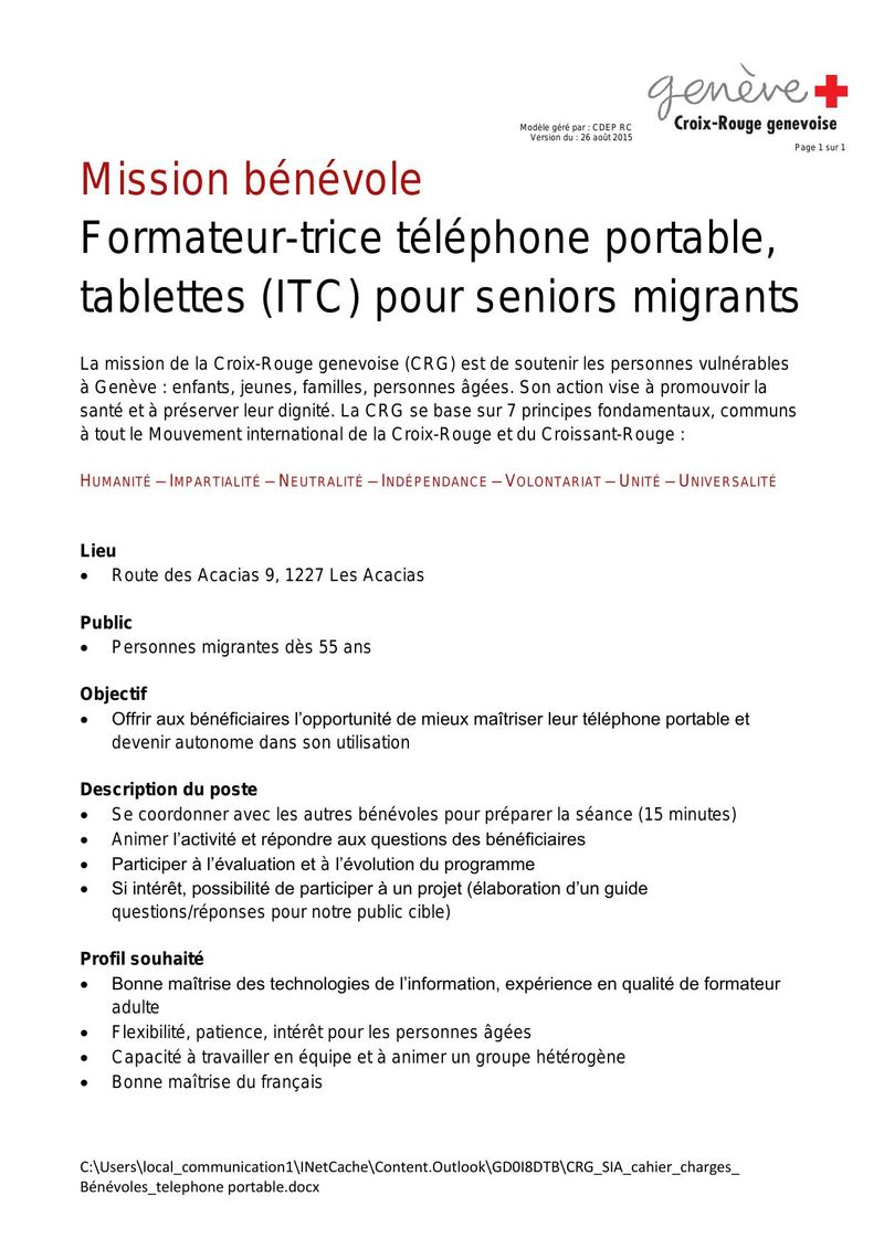 Mission bénévole — Formateur-trice téléphone portable et tablettes (ITC) pour seniors migrants