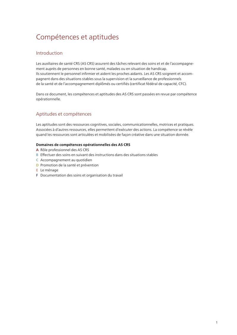Compétences et aptitudes des auxiliaires de santé CRS