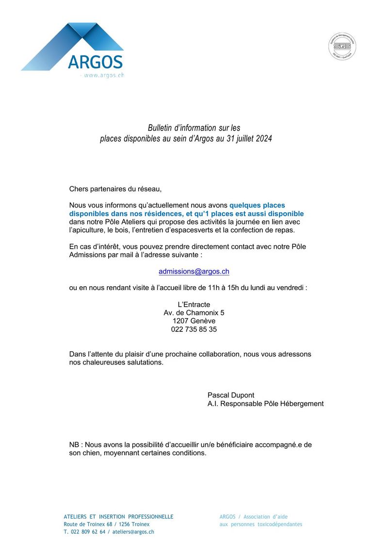 Bulletin d'information sur les places disponibles au sein d'Argos au 31 juillet 2024