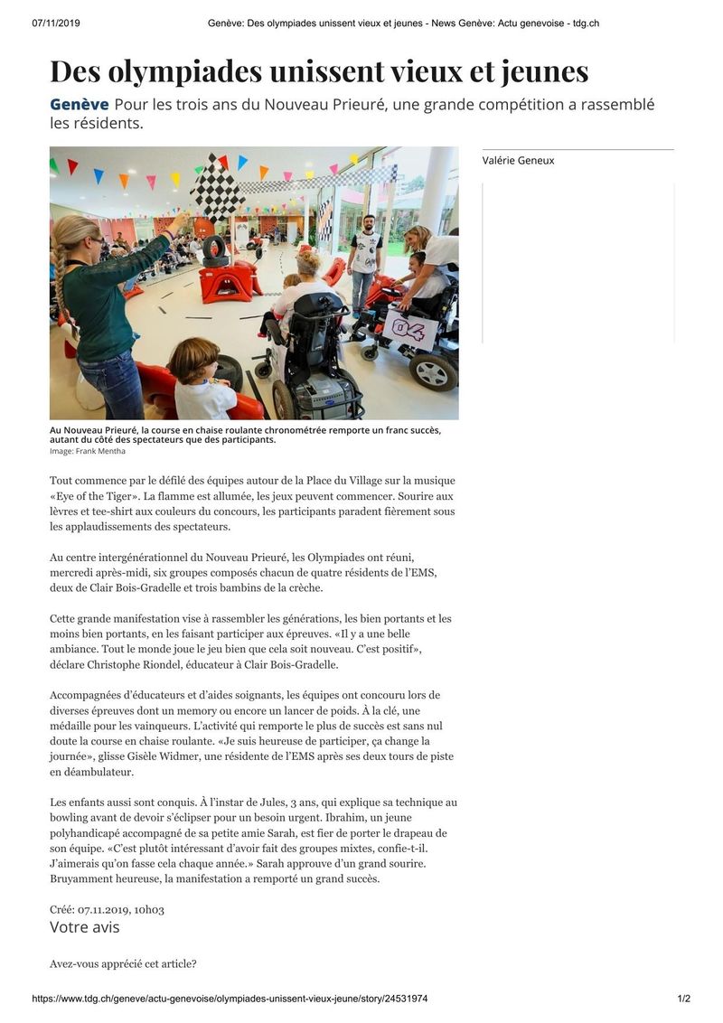Tribune de Genève - Des Olympiades unissent vieux et jeunes