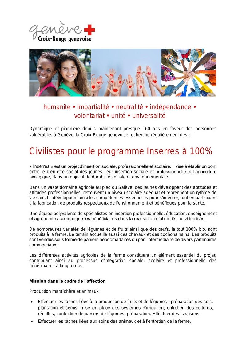 Annonce Civiliste pour le programme Inserres — Croix-Rouge Genevoise