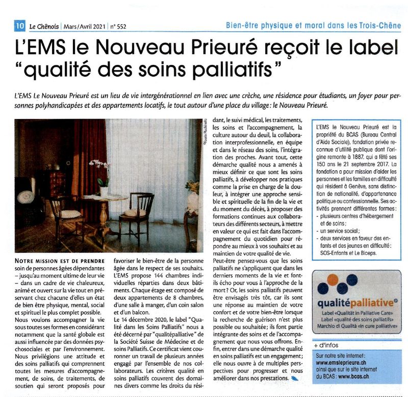 Le Chênois - L'EMS Le Nouveau Prieuré reçoit le label « Qualité des soins palliatifs »