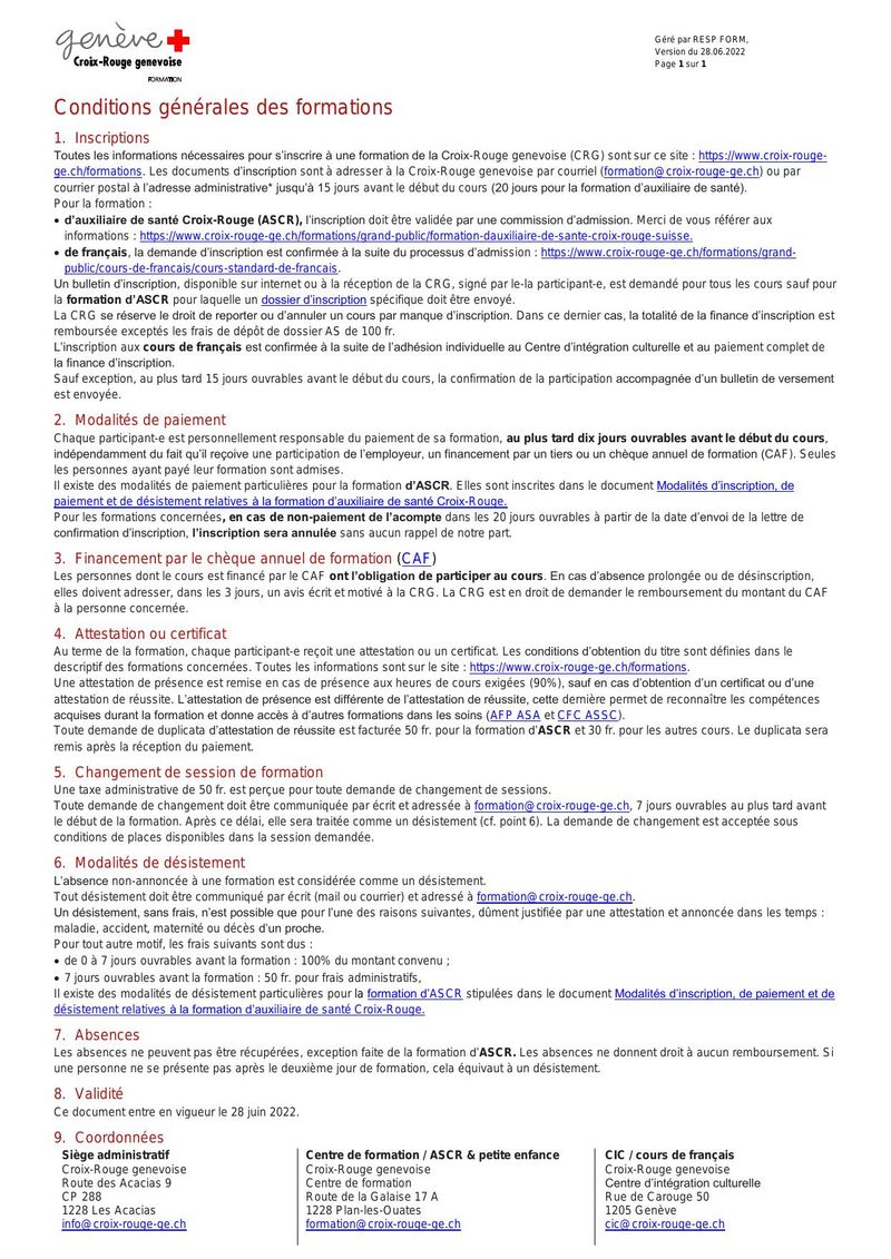 Conditions générales des formations - Croix-Rouge Genevoise