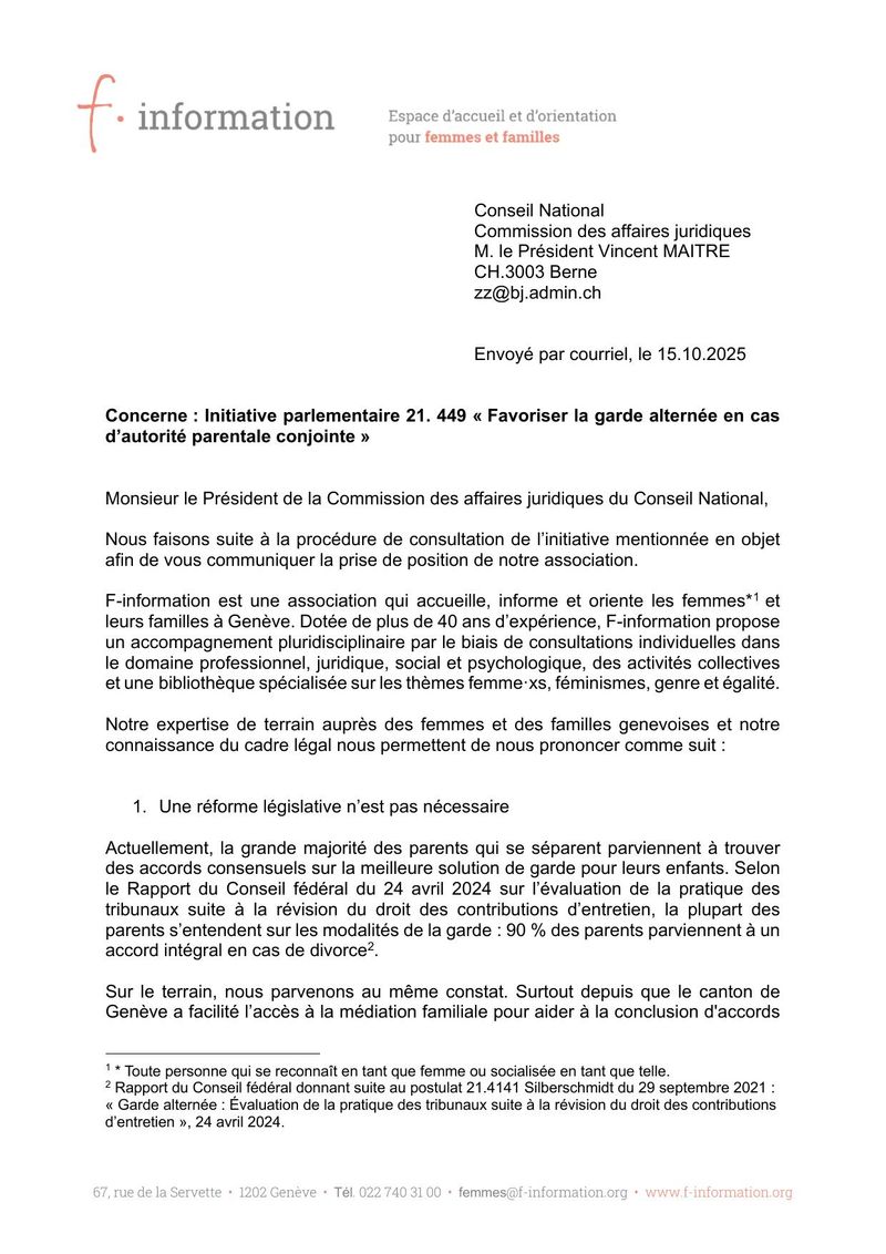 Prise de position sur l'initiative de garde alternée en cas d'autorité parentale partagée