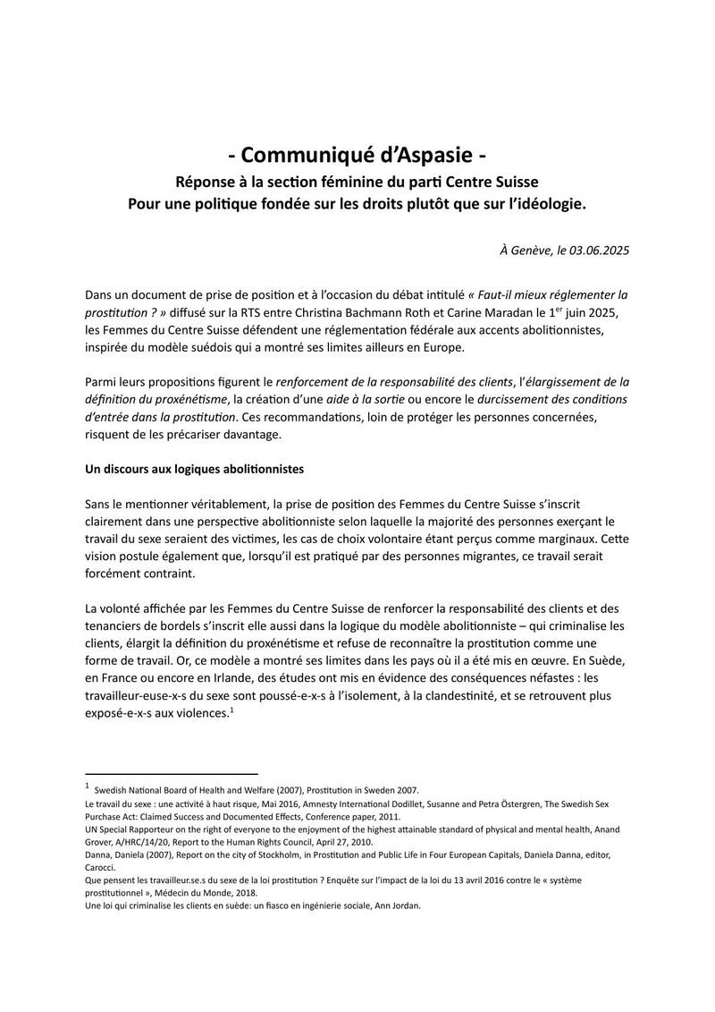 Communiqué d'Aspasie — Réponse à la section féminine du parti Centre Suisse