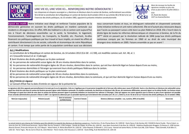 Une vie ici, une voix ici: renforçons notre démocratie!