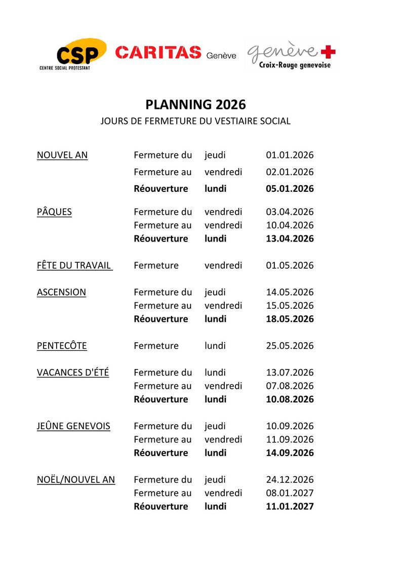 Dates de fermeture 2026 du Vestiaire social