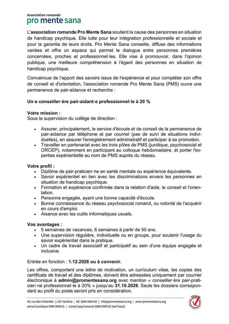Conseiller·ère pair-aidant·e professionnel·le (20%)