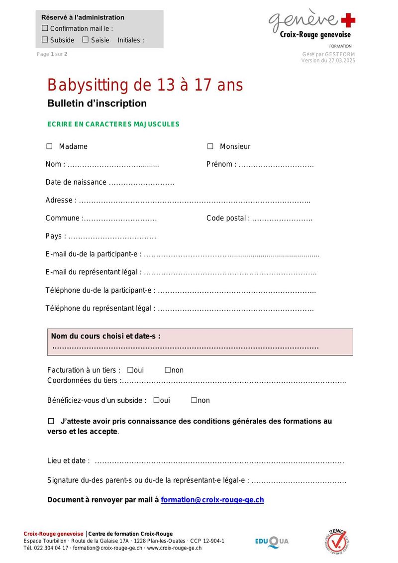 Babysitting de 13 à 17 ans — Bulletin d'inscription