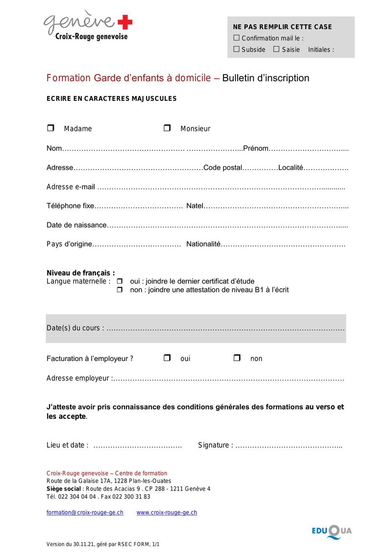 Bulletin d'inscription – Formation Garde d'enfants à domicile